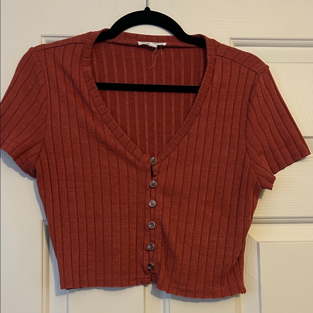 Ribbed Button-Up Crop Top - Rust